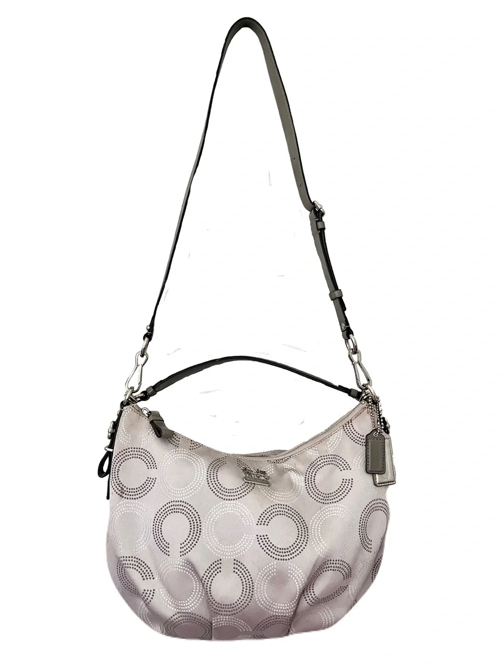 Coach Silver Jacquard Grey Leather ‘Madison Dotted Op Art’ Hobo Satchel